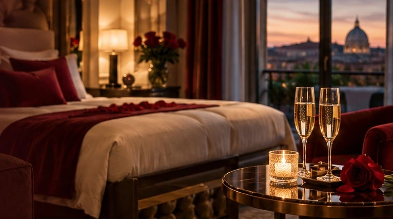 Suite romantica con luce calda, dettagli bordeaux e due calici
