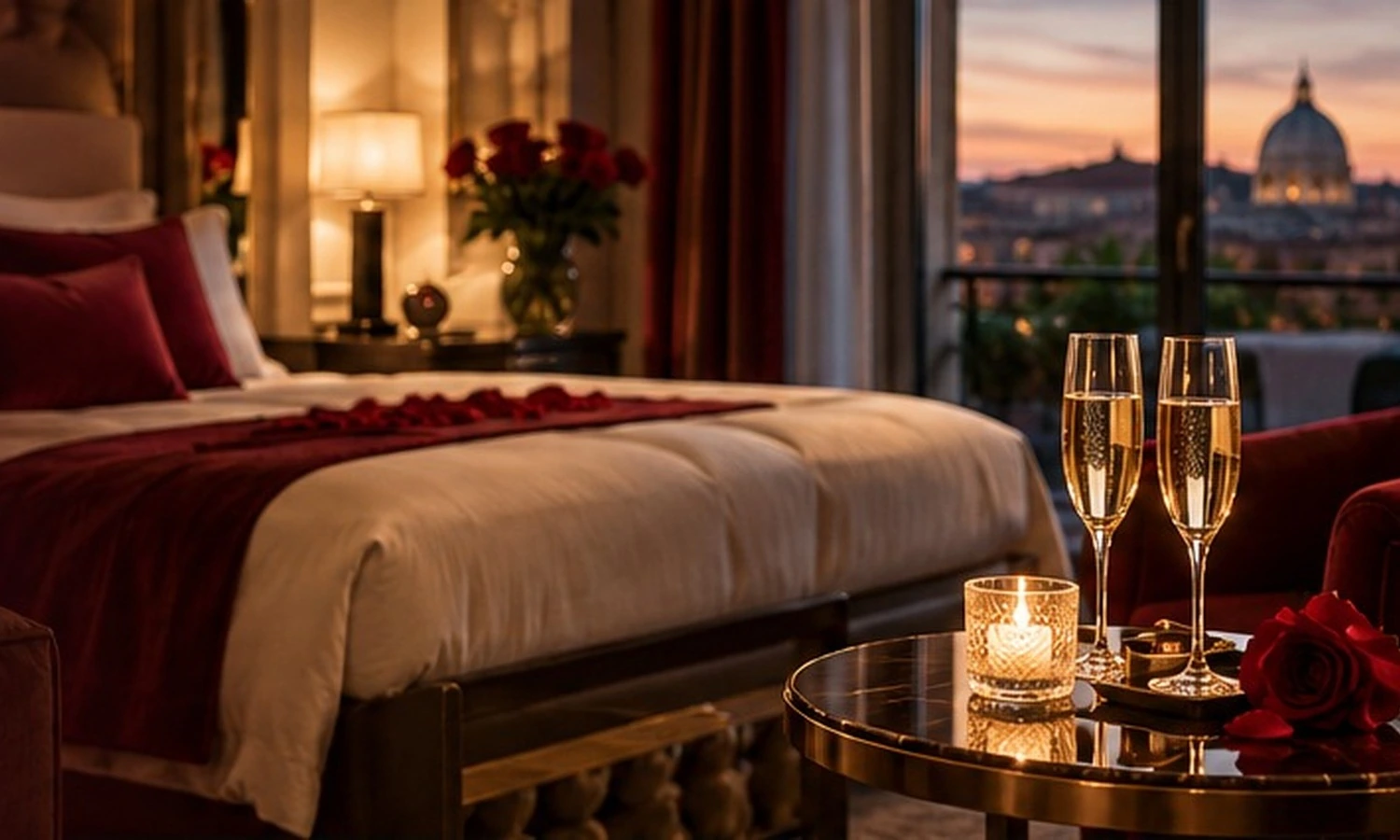 Suite romantica dalle luci soffuse e due calici